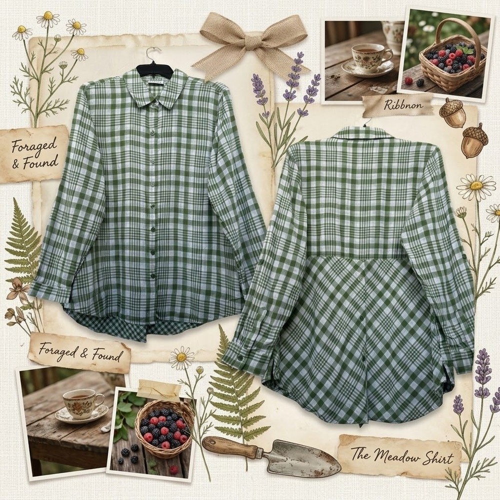 Joan Rivers Farmcore Cottage Meadow Green Plaid Double Cloth Cotton Shirt Sz. M